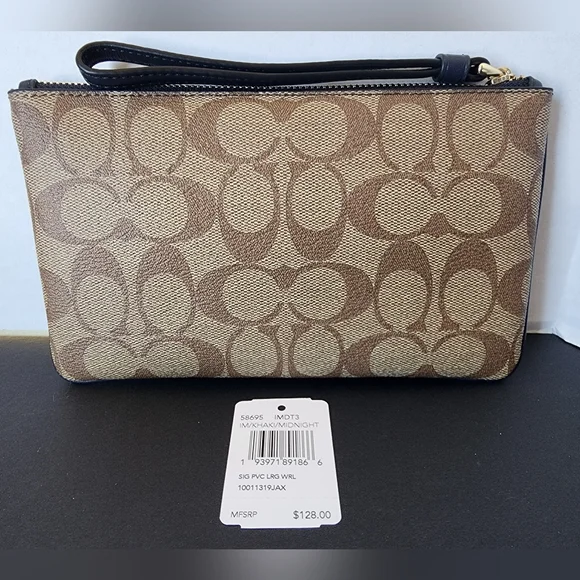 ✨️NWT✨️ Coach Signature Large Wristlet Pouch, Khaki & Midnight, 2020, $128 MSRP - Picture 3 of 7